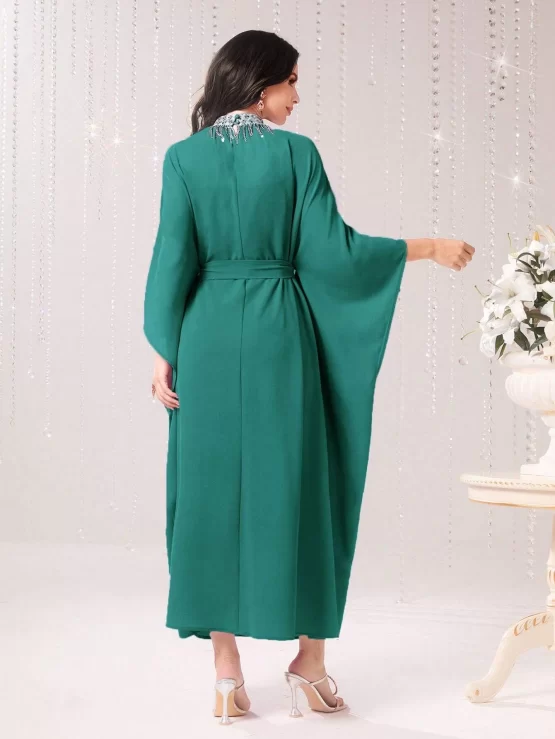 Najma Contrast Sequin Mock Neck Batwing Sleeve Belted Kaftan - Image 3
