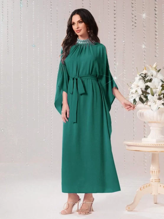 Najma Contrast Sequin Mock Neck Batwing Sleeve Belted Kaftan - Image 2