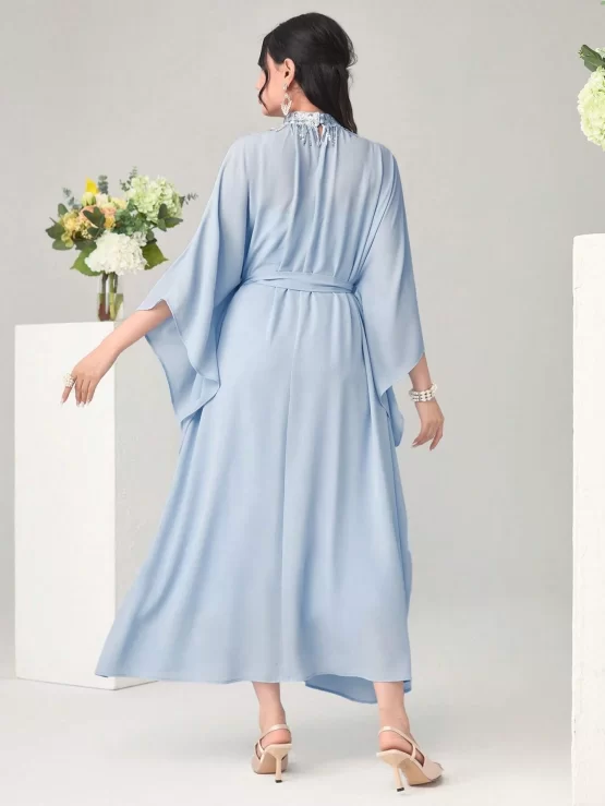 Najma Contrast Sequin Mock Neck Batwing Sleeve Belted Kaftan - Image 4