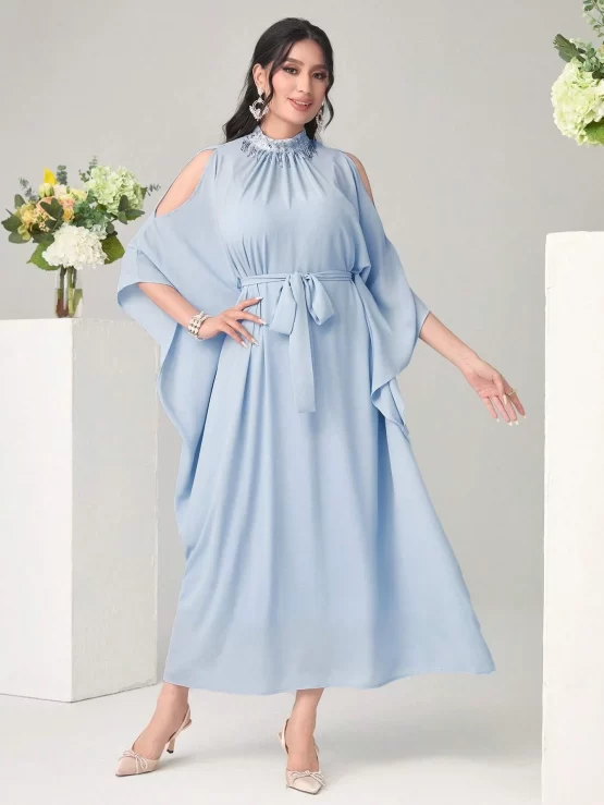 Najma Contrast Sequin Mock Neck Batwing Sleeve Belted Kaftan - Image 5