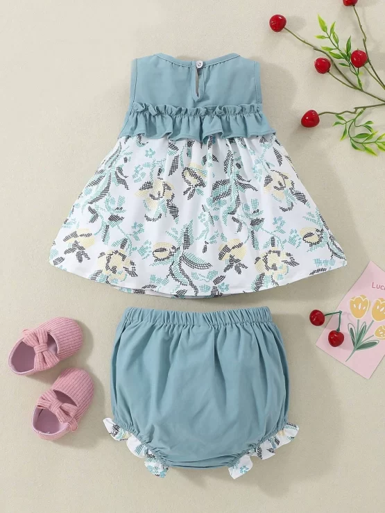 Baby Floral Print Ruffle Trim Top & Bow Front Shorts - Image 3