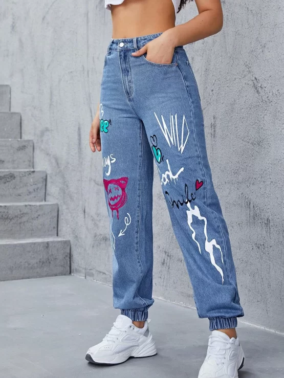 High Waist Letter & Cartoon Graphic Jogger Pocket Jeans - Image 3
