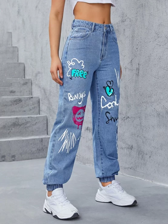 High Waist Letter & Cartoon Graphic Jogger Pocket Jeans - Image 2