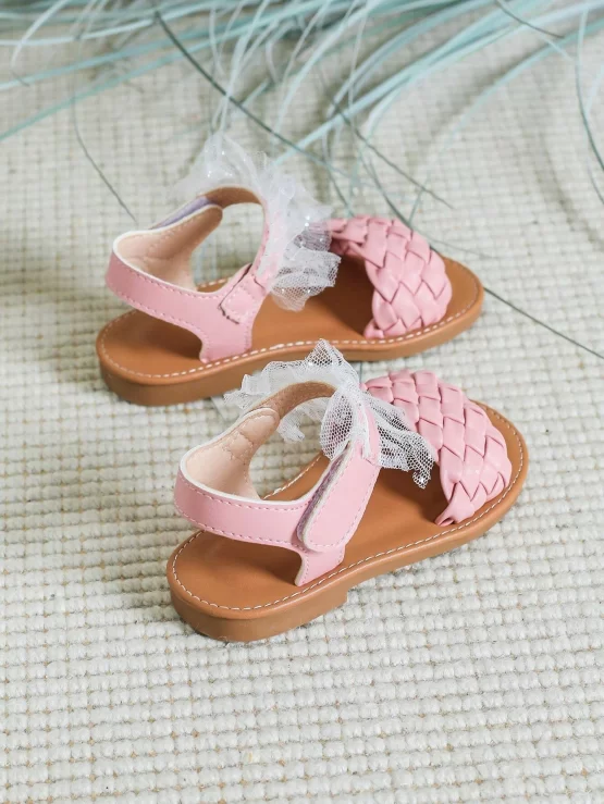 Girls Ruffle Trim Braided Strap Comfortable Vacation Ankle Strap Sandals Summer - Image 2
