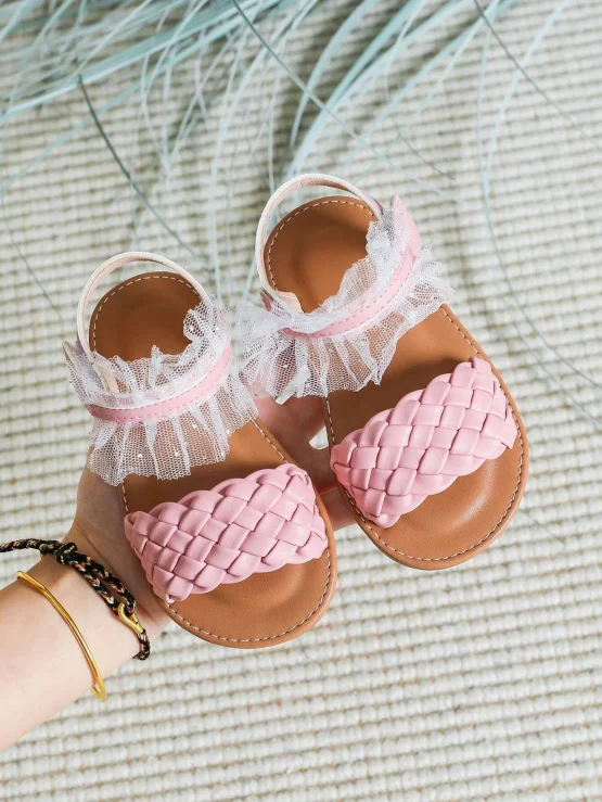 Girls Ruffle Trim Braided Strap Comfortable Vacation Ankle Strap Sandals Summer - Image 3