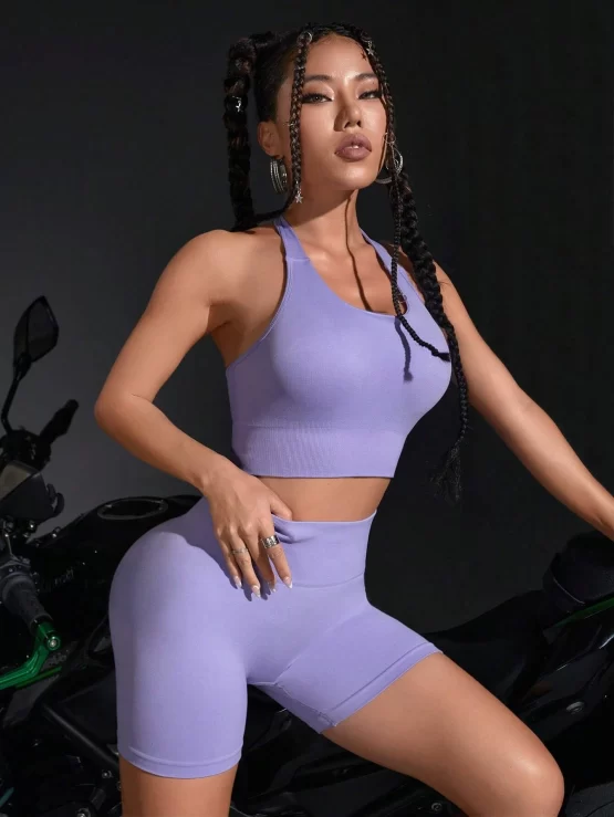 Solid Tie Back Wideband Waist Sports Set - Image 2