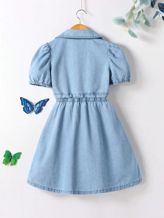Girls Lapel Neck Puff Sleeve Denim Dress - Image 2