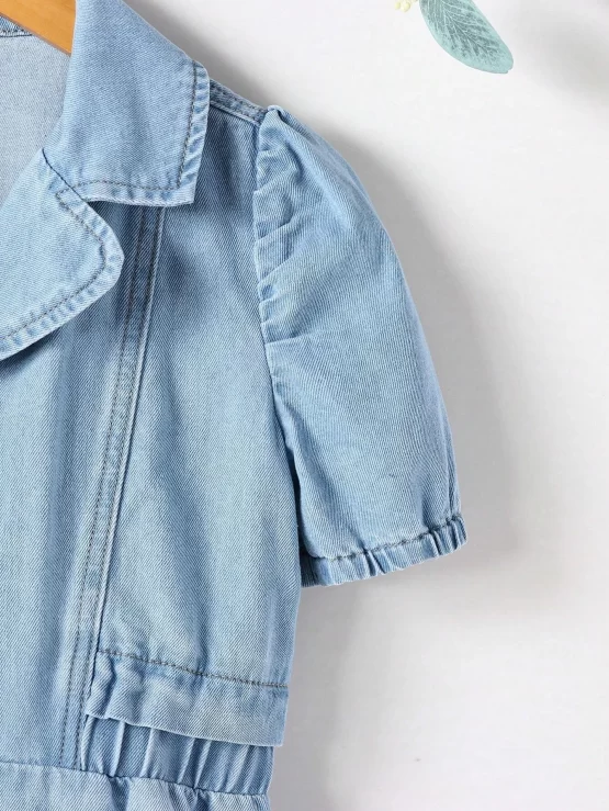 Girls Lapel Neck Puff Sleeve Denim Dress - Image 3