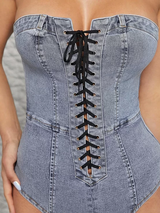 Sexy Front Tube Denim Lace Up Bodysuit - Image 2