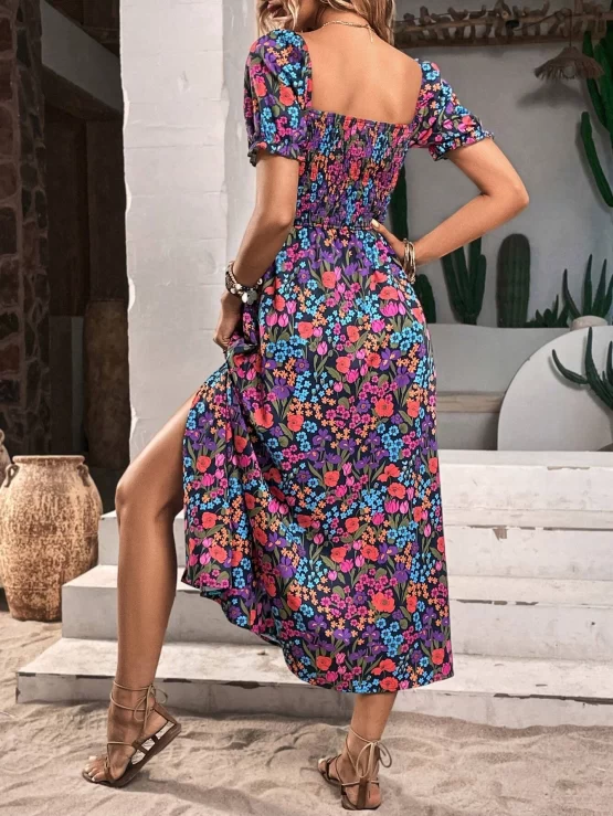 All Over Floral Print Square Neck Puff Sleeve Split Thigh Dress - Image 2