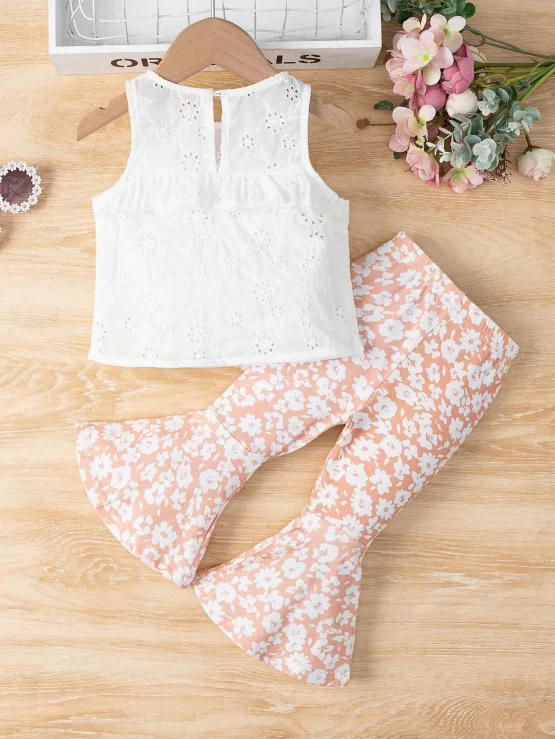 Baby Ruffle Trim Schiffy Tank Top & Floral Print Flare Leg Pants - Image 2