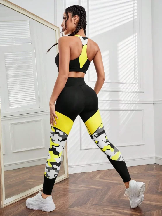 Camo Print Criss Cross Color Block Sports Set - Image 2