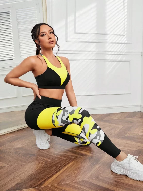 Camo Print Criss Cross Color Block Sports Set - Image 3