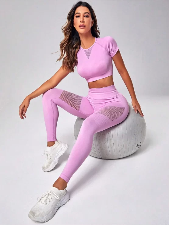 Seamless Contrast Mesh High Stretch Sports Set - Image 3