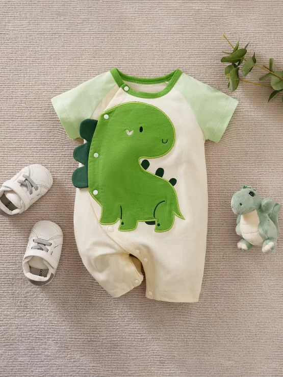 Baby Cartoon Raglan Sleeve 3D Patched Design Graphic Romper