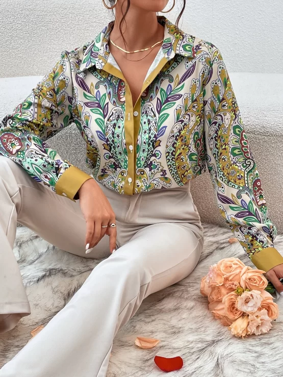 All Over Print Boho Collar Button Front Shirt