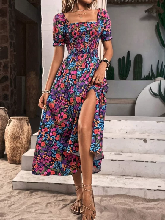 All Over Floral Print Square Neck Puff Sleeve Split Thigh Dress