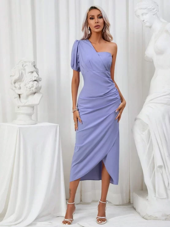 Unity Solid Puff Sleeve Ruched Wrap Hem Dress