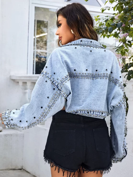 Studded Drop Shoulder Crop Denim Jacket
