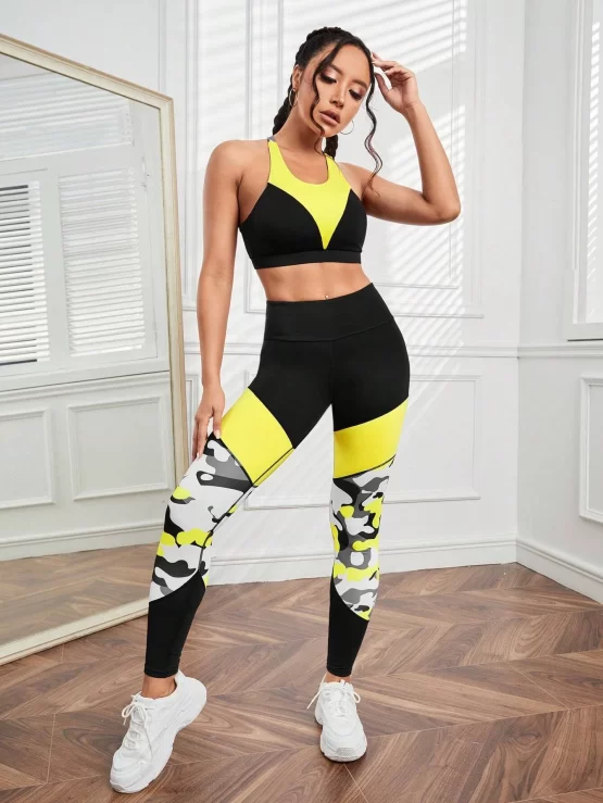 Camo Print Criss Cross Color Block Sports Set