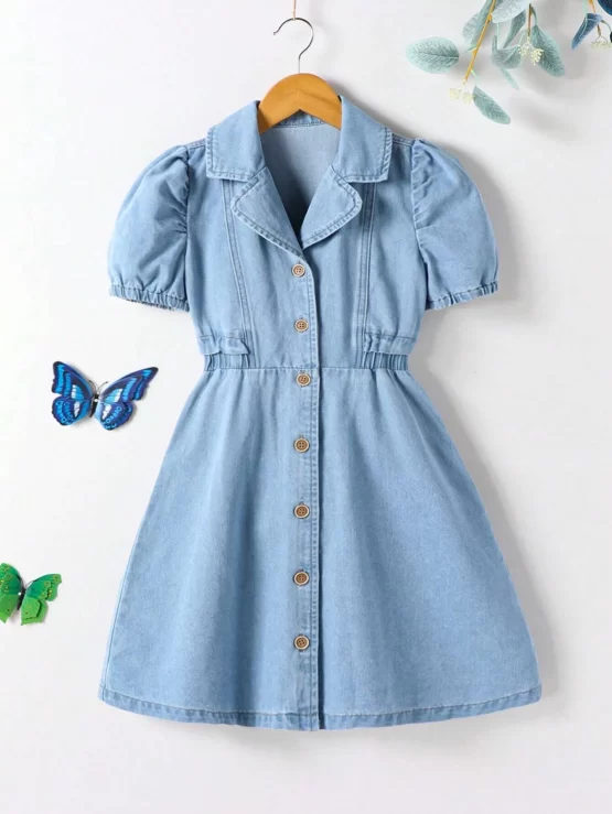 Girls Lapel Neck Puff Sleeve Denim Dress