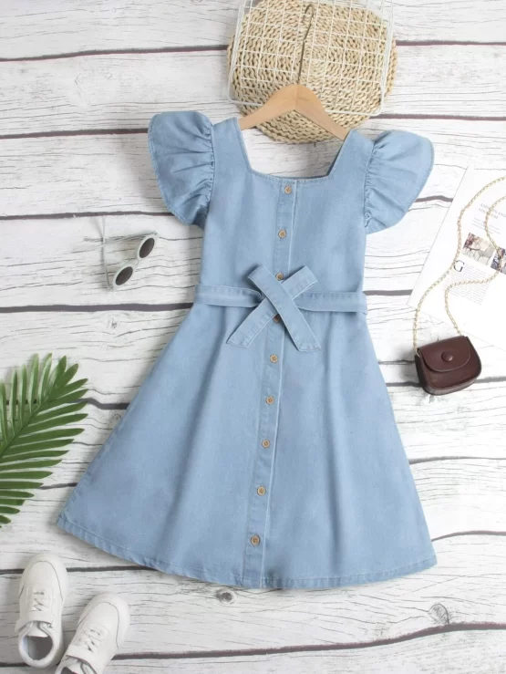 Girls Ruffle Trim Button Front Denim Dress