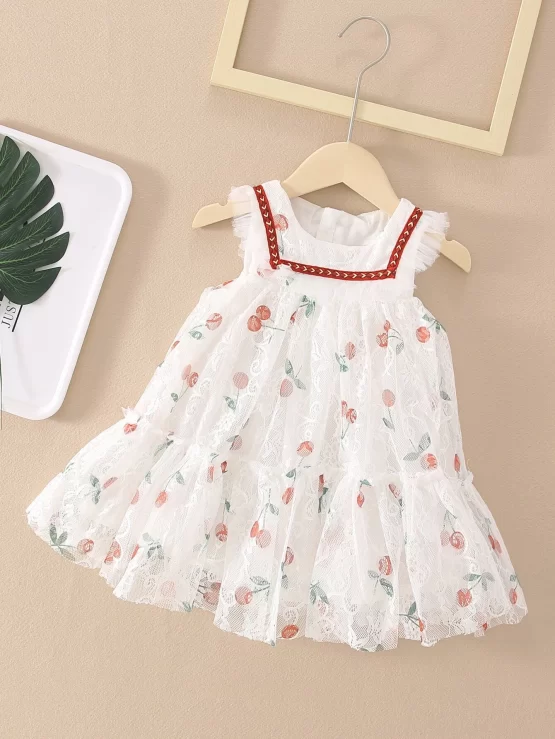 Toddler Girls Cherry Print Ruffle Hem Mesh Smock Dress
