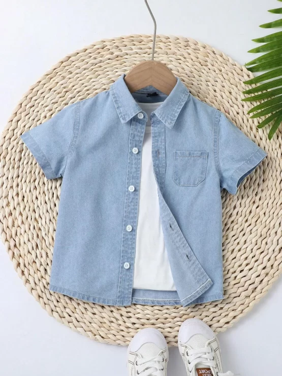 Toddler Boys Button Front Pocket Patched Denim Sleeve Shirt Without Tee