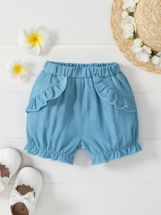 Baby Plain Blue Ruffle Trim Front Shorts