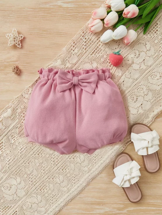 Baby Plain Paperbag Waist Bow Front Shorts
