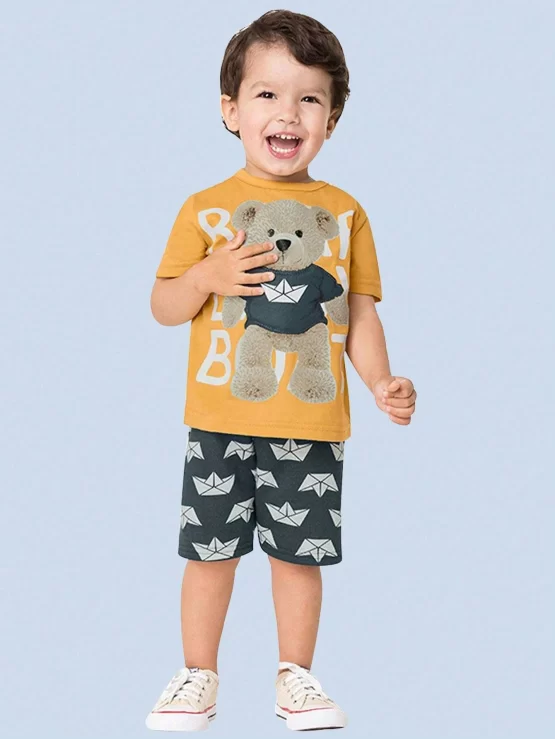 Toddler Boys Bear Letter Cartoon Print Tee & Shorts