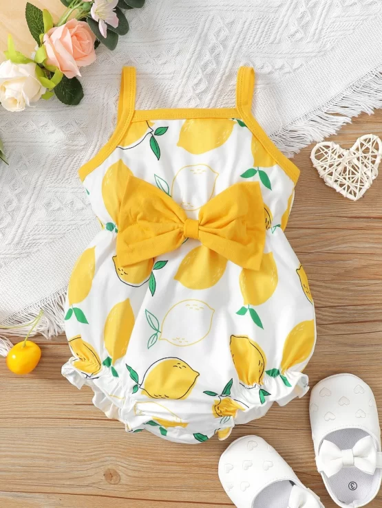 Baby Lemon Print Contrast Binding Frilled Bow Front Cami Bodysuit