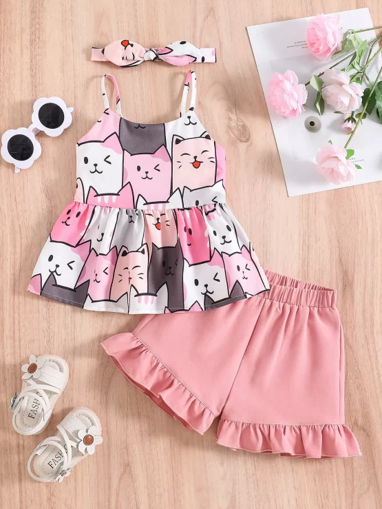 Toddler Girls Cartoon Graphic Cami Top & Ruffle Hem Shorts & Headband