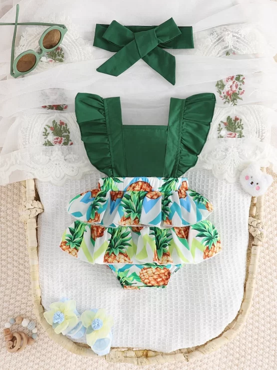 Baby Pineapple Print Ruffle Trim Bodysuit & Headband