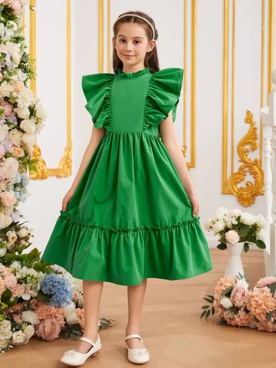 Girls Zipper Party Ruffle Hem Trim Dress