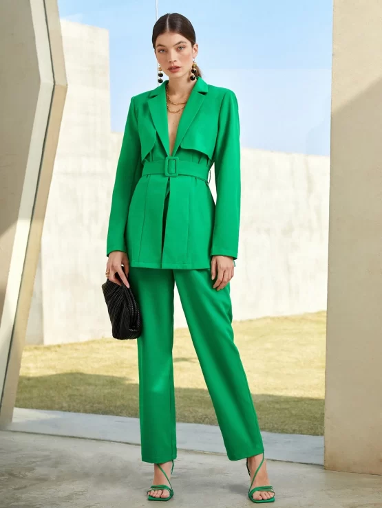 BIZwear Lapel Collar Buckle Belted Button Blazer