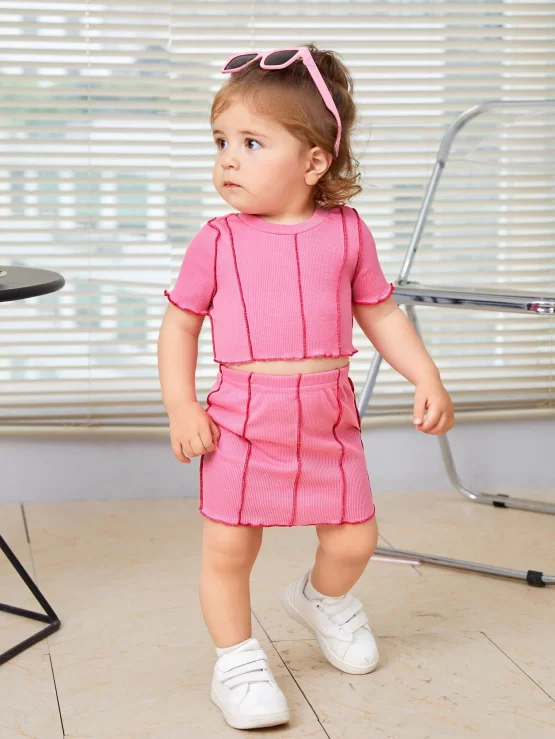 Baby Top-stitching Lettuce Trim Tee & Skirt