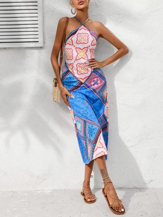 VCAY Scarf Print Criss Cross Backless Cami Dress