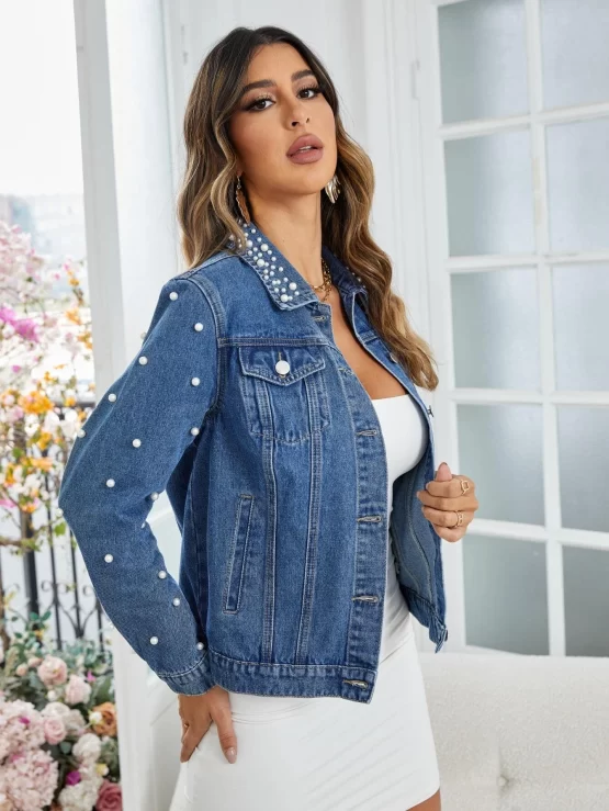 Pearls Beaded Collar Flap Pocket Denim Jacket