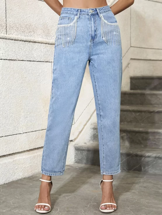 High Waist Rhinestone Fringe Trim Mom Fit Jeans