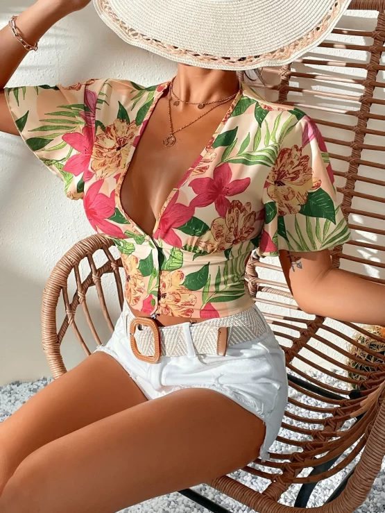 Floral Boho Print Deep V Neck Shirred Blouse