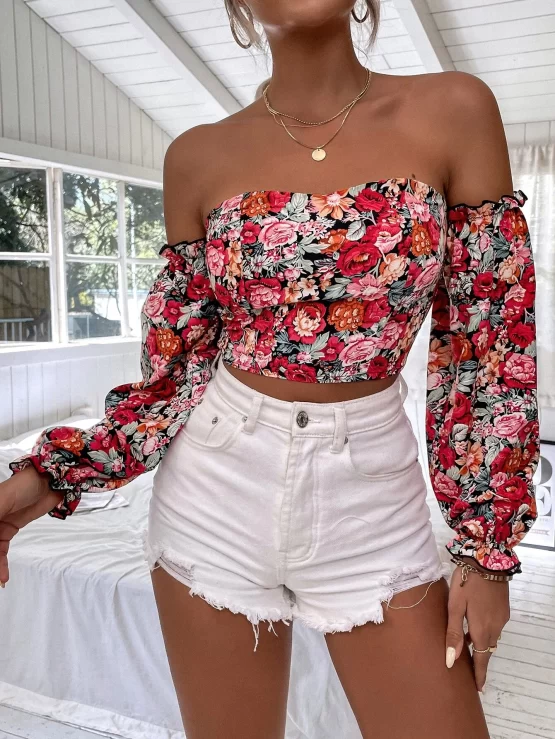 VCAY Floral Off The Shoulder Shirred Crop Top