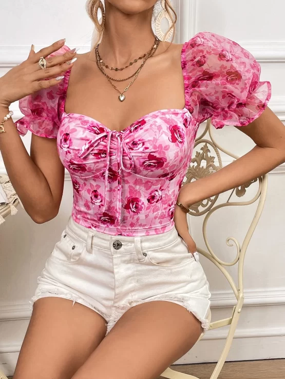 Floral Print Drawstring Front Puff Sleeve Crop Top