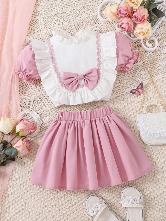 Toddler Girls Ruffle Trim Bow Front Puff Sleeve Top & Skirt