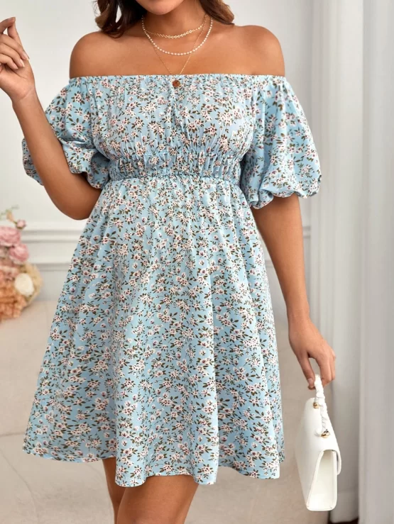 Maternity Ditsy Floral Print Off Shoulder Sleeve Dress