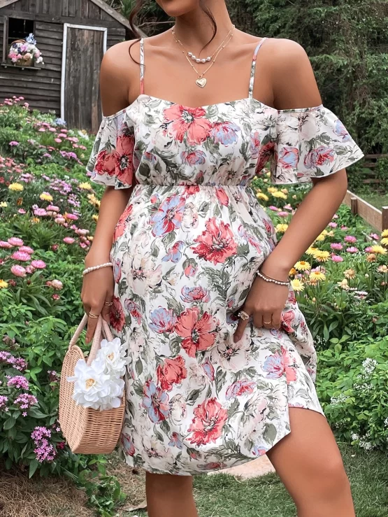 Maternity Floral Print Cold Shoulder Front Dress