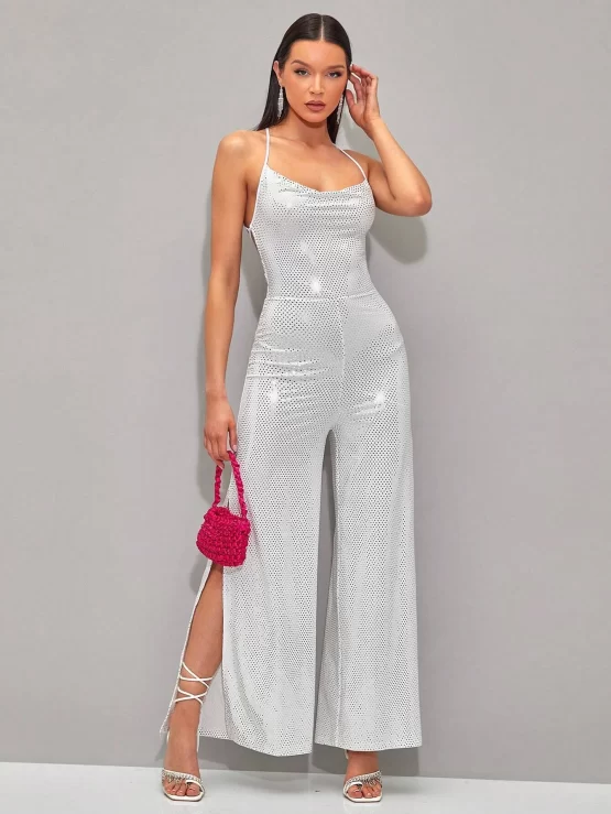 BAE Draped Collar Split Thigh Sequin Cami Jumpsuit
