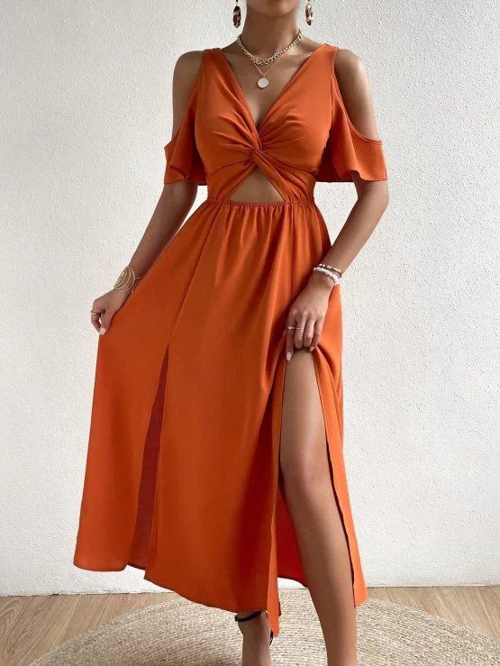 Unity Cold Shoulder Twist Front Cut Out Split Thigh Dress