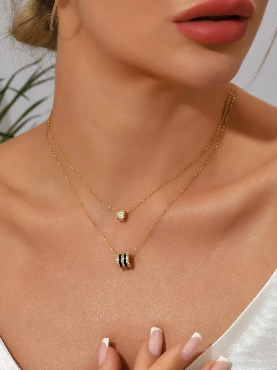 Two Pieces Rhinestone Decor Ring Charm Necklace