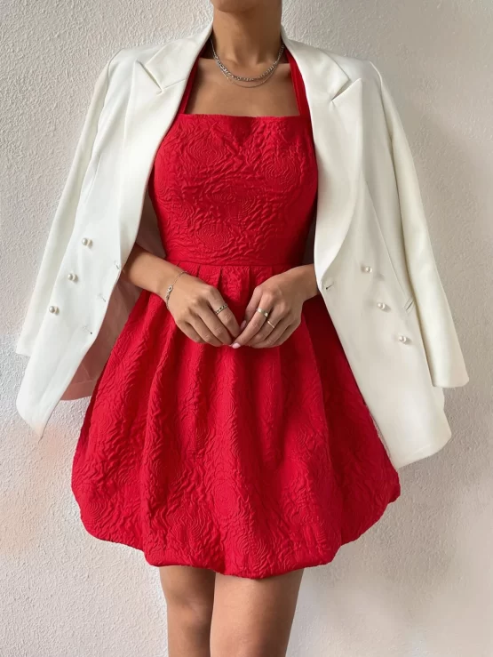 Textured Sexy Flared Tie Halter Backless Dress